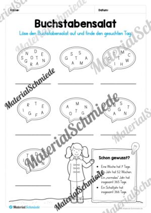 Kalender: Thema Wochentage (Arbeitsblatt 05)