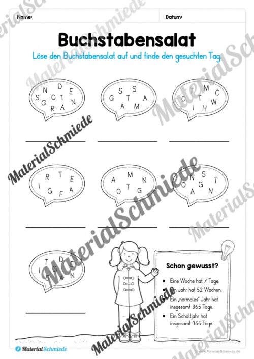 Kalender: Thema Wochentage (Arbeitsblatt 05)