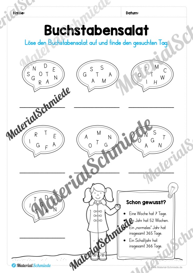 Kalender: Thema Wochentage (Arbeitsblatt 05)