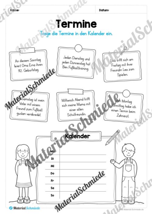 Kalender: Thema Wochentage (Arbeitsblatt 07)
