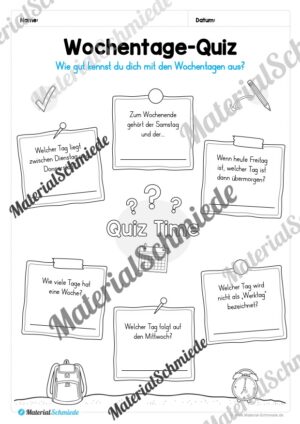 Kalender: Thema Wochentage (Arbeitsblatt 08)