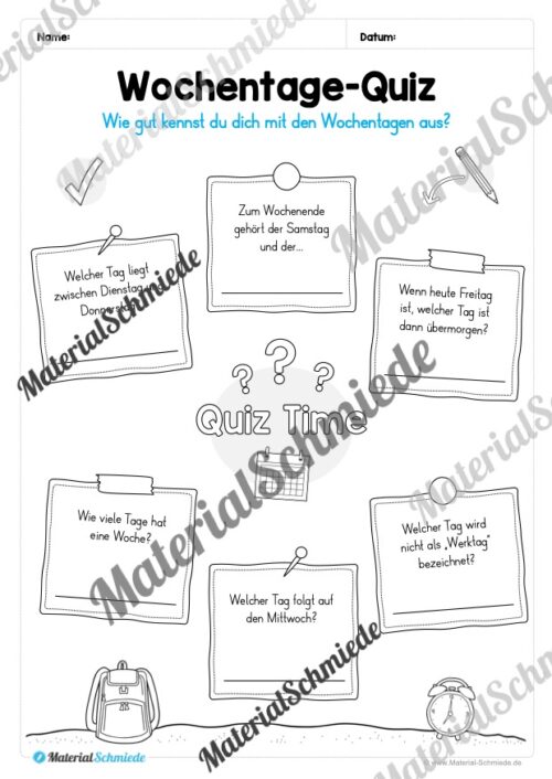Kalender: Thema Wochentage (Arbeitsblatt 08)