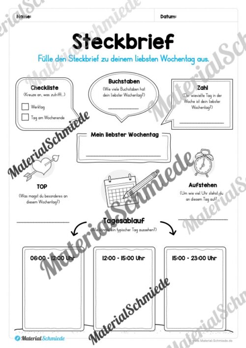 Kalender: Thema Wochentage (Arbeitsblatt 09)