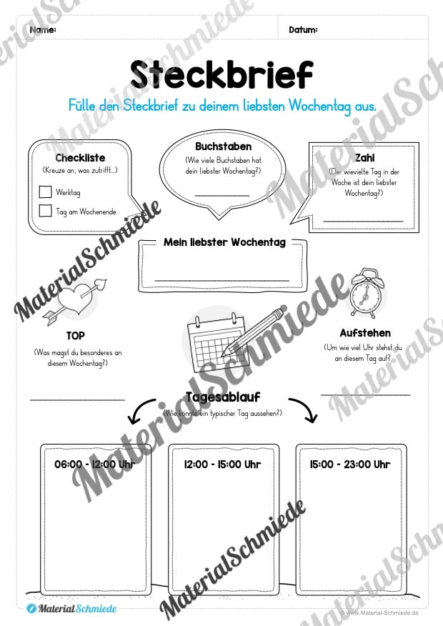 Kalender: Thema Wochentage (Arbeitsblatt 09)