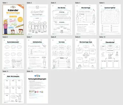 Kalender: Thema Wochentage (10 Arbeitsblätter) - Überblick