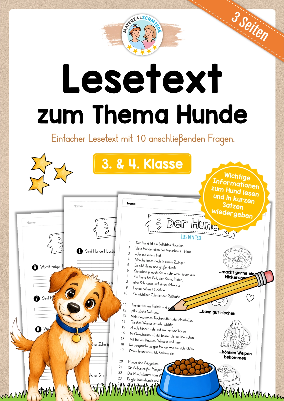 Lesetext Hunde (mit 10 Fragen) für die 3. & 4. Klasse