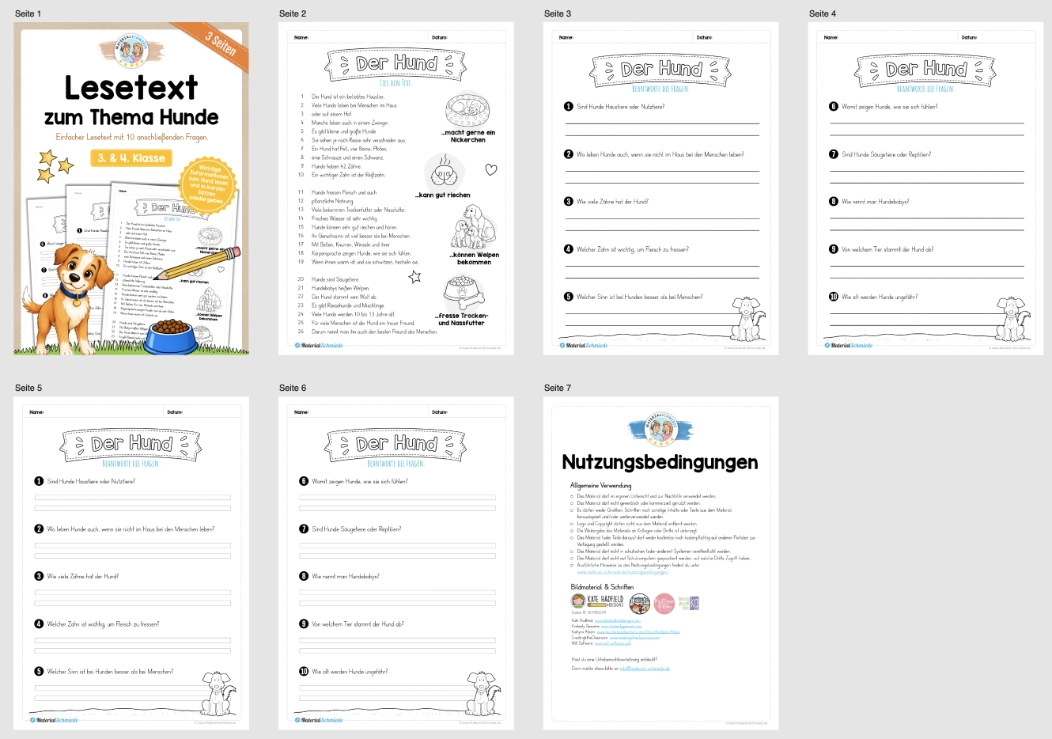 Lesetext Hunde (mit 10 Fragen) für die 3. & 4. Klasse - Überblick