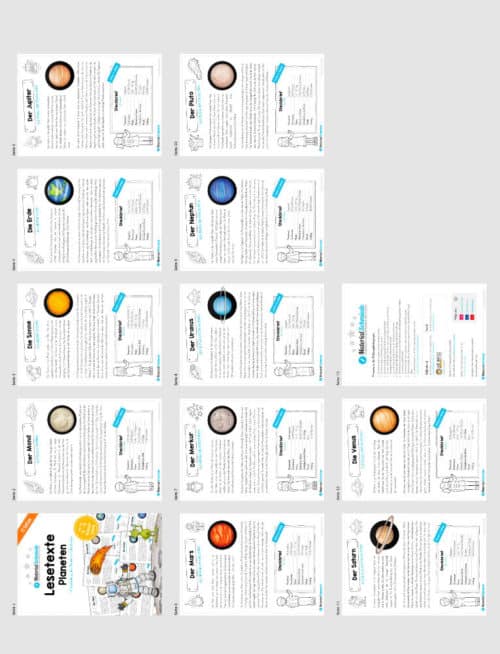11 Lesetexte zu den Planeten (Überblick Arbeitsblätter)