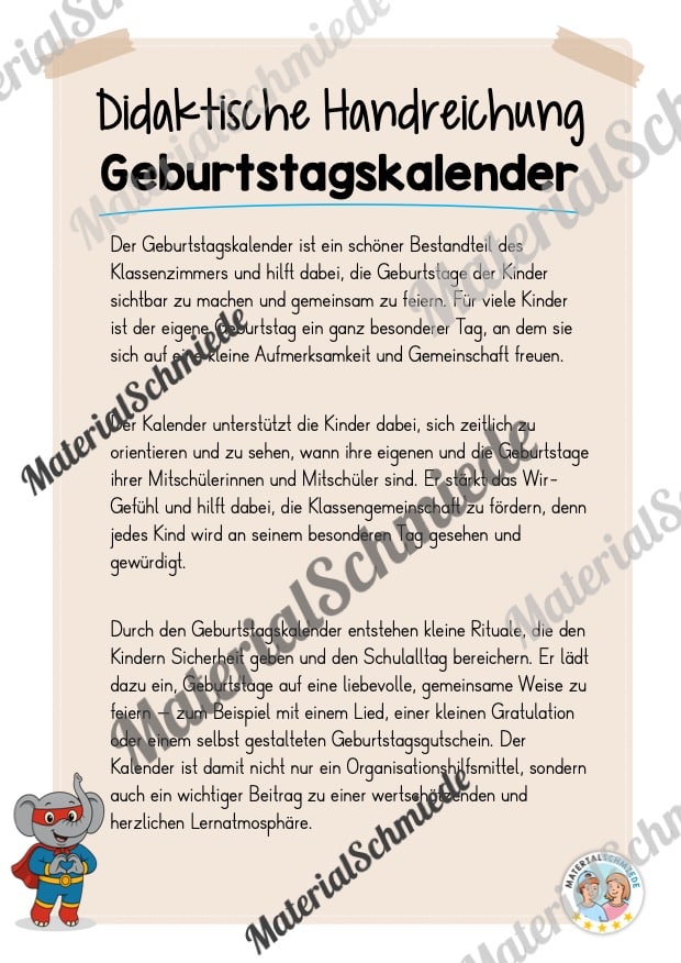 Geburtstagskalender für die Elefantenklasse (Arbeitsblatt 01)