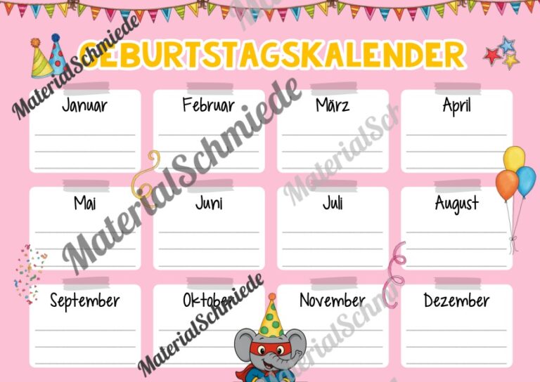 Geburtstagskalender für die Elefantenklasse (Arbeitsblatt 03)