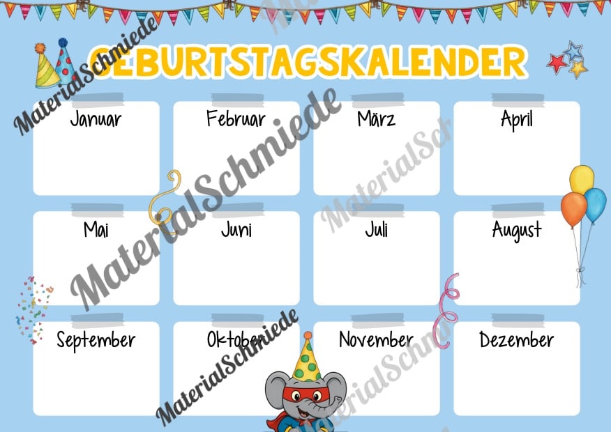 Geburtstagskalender für die Elefantenklasse (Arbeitsblatt 06)