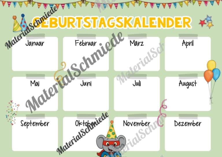 Geburtstagskalender für die Elefantenklasse (Arbeitsblatt 08)