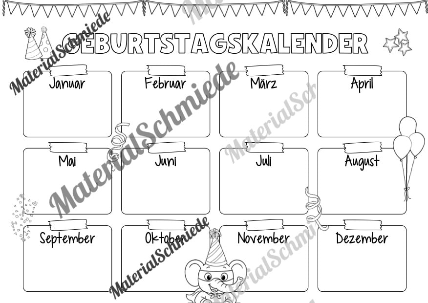 Geburtstagskalender für die Elefantenklasse (Arbeitsblatt 11)