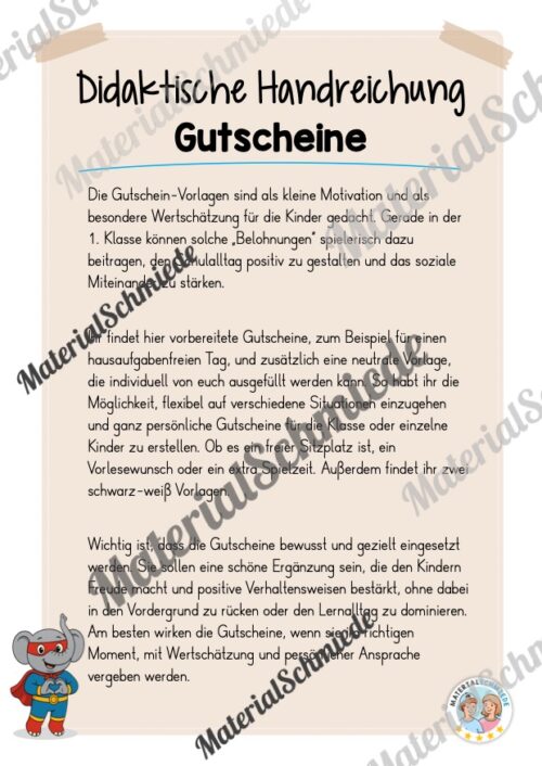 Gutscheine für die Elefantenklasse (Arbeitsblatt 01)
