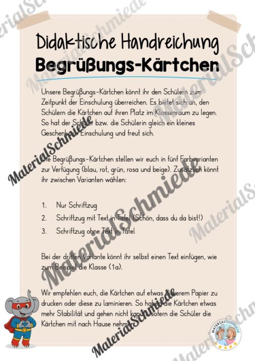 Begrüßungs-Kärtchen für die Elefantenklasse (Arbeitsblatt 01)