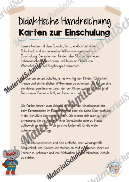 Karten zur Einschulung für die Elefantenklasse (Arbeitsblatt 01)