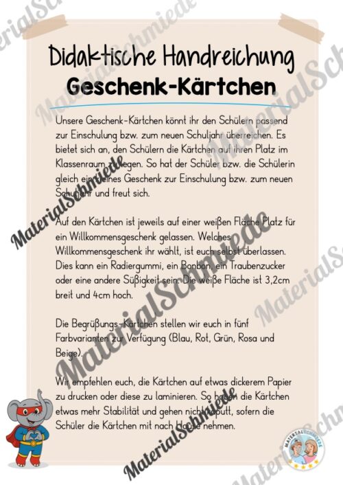 Geschenk-Kärtchen für die Elefantenklasse (Arbeitsblatt 01)