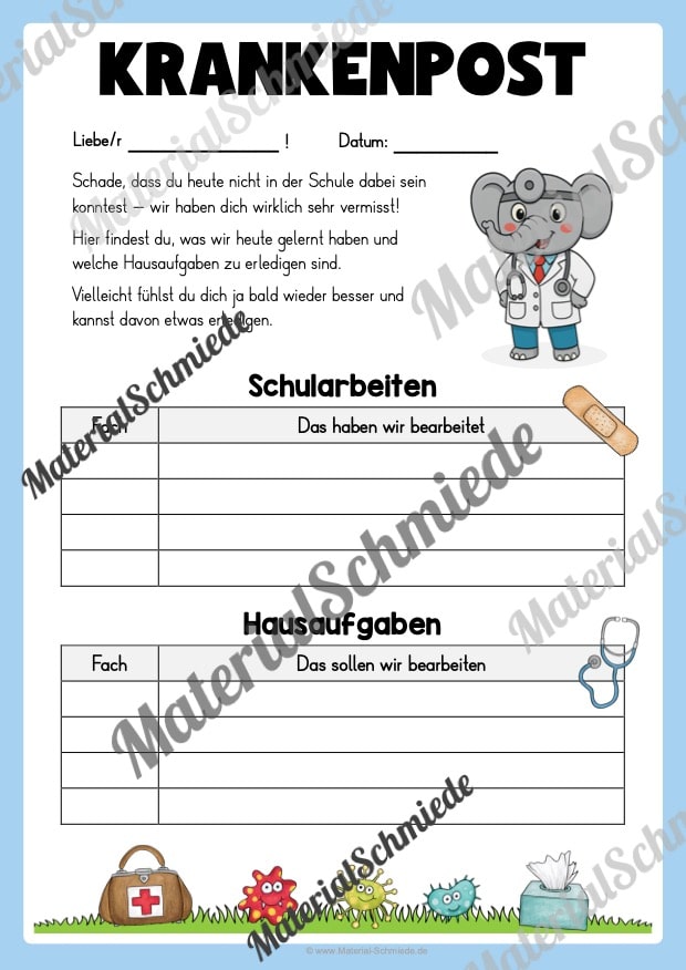 Krankenmappe für die Elefantenklasse (Arbeitsblatt 12)