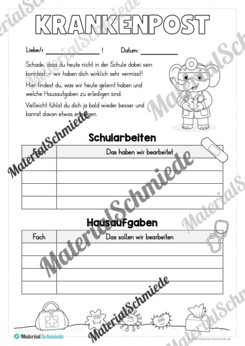 Krankenmappe für die Elefantenklasse (Arbeitsblatt 13)