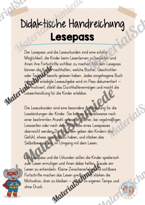 Lesepass & Leseurkunde für die Elefantenklasse (Arbeitsblatt 01)