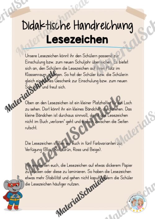 Lesezeichen für die Elefantenklasse (Arbeitsblatt 01)