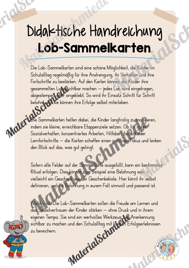 Lob-Sammelkarten für die Elefantenklasse (Arbeitsblatt 01)