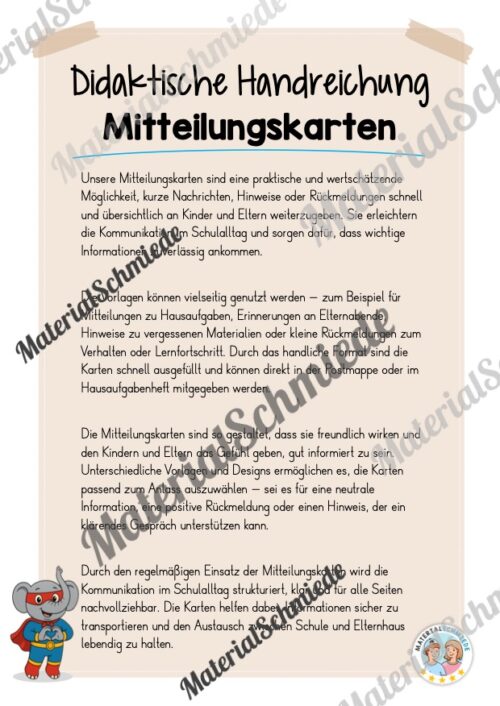 Mitteilungskarten für die Elefantenklasse (Arbeitsblatt 01)