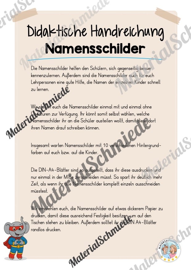 Namensschilder für die Elefantenklasse (Arbeitsblatt 01)