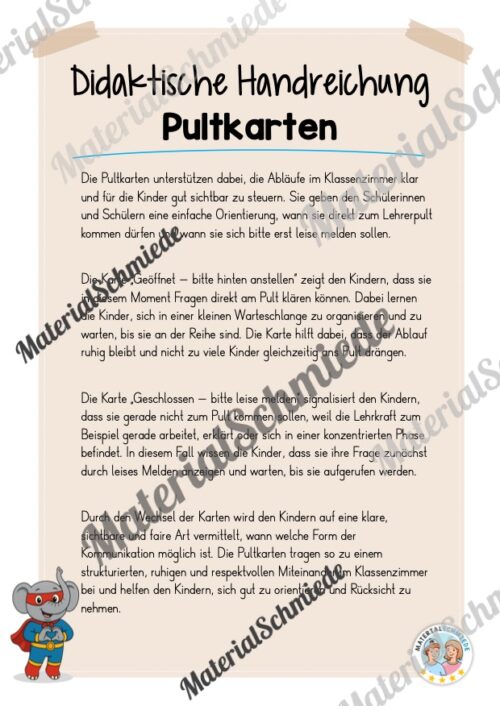 Pultkarten für die Elefantenklasse (Arbeitsblatt 01)