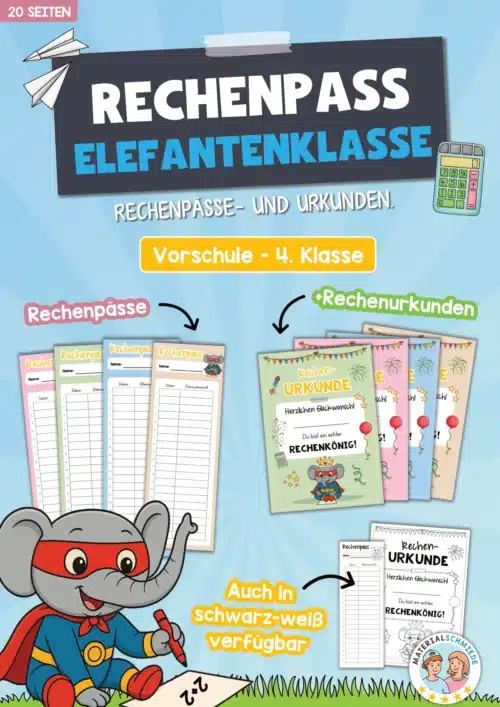 Rechenpass & Rechenurkunde für die Elefantenklasse