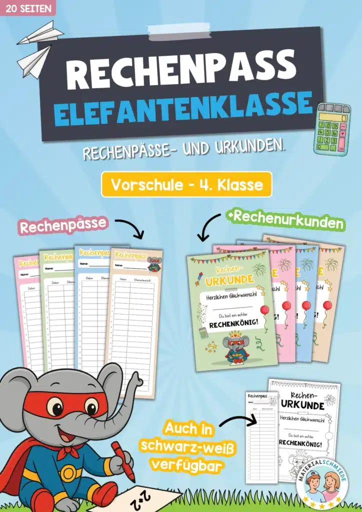 Rechenpass & Rechenurkunde für die Elefantenklasse