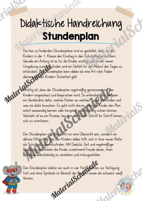 Stundenplan für die Elefantenklasse (Arbeitsblatt 01)