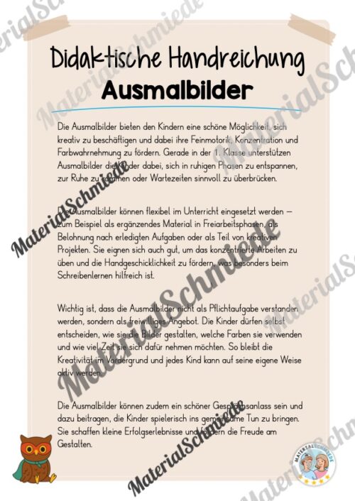 Ausmalbilder für die Eulenklasse (Arbeitsblatt 01)
