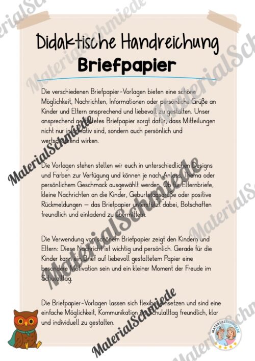 Briefpapier für die Eulenklasse (Arbeitsblatt 01)