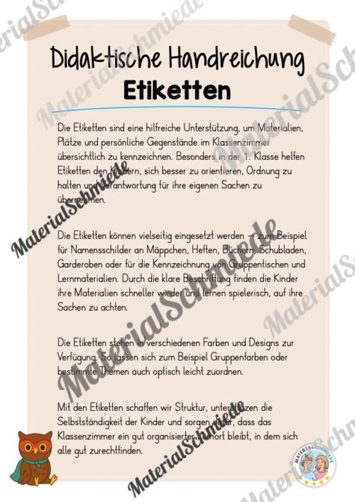 Etiketten für die Eulenklasse (Arbeitsblatt 01)