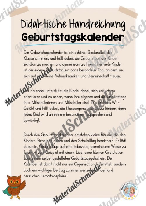 Geburtstagskalender für die Eulenklasse (Arbeitsblatt 01)