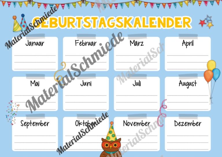 Geburtstagskalender für die Eulenklasse (Arbeitsblatt 02)