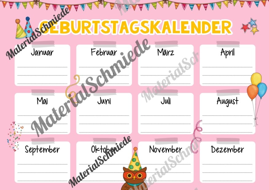 Geburtstagskalender für die Eulenklasse (Arbeitsblatt 03)