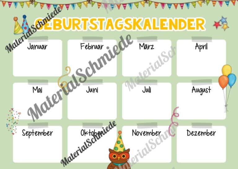 Geburtstagskalender für die Eulenklasse (Arbeitsblatt 08)