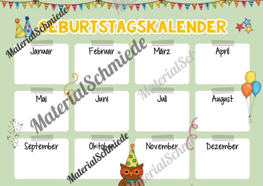 Geburtstagskalender für die Eulenklasse (Arbeitsblatt 08)