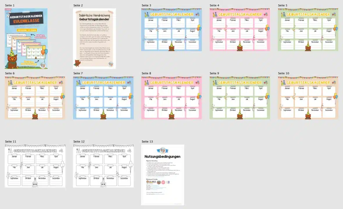 Geburtstagskalender für die Eulenklasse (Überblick)