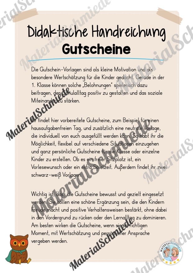 Gutscheine für die Eulenklasse (Arbeitsblatt 01)