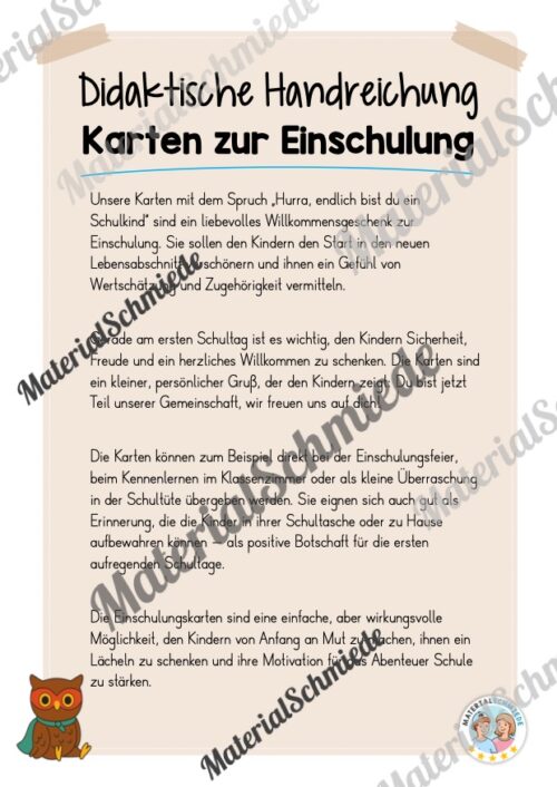 Karten zur Einschulung für die Eulenklasse (Arbeitsblatt 01)
