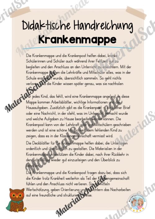 Krankenmappe für die Eulenklasse (Arbeitsblatt 01)
