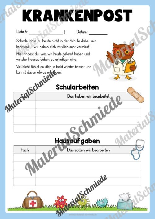 Krankenmappe für die Eulenklasse (Arbeitsblatt 11)