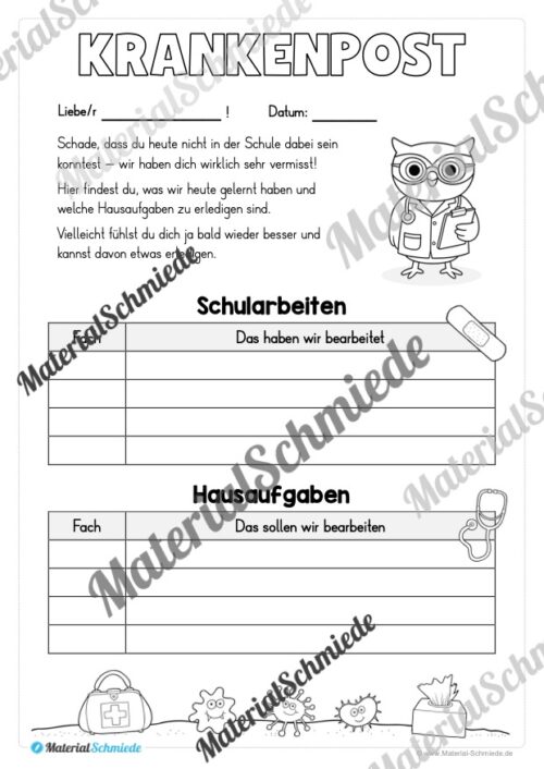 Krankenmappe für die Eulenklasse (Arbeitsblatt 12)