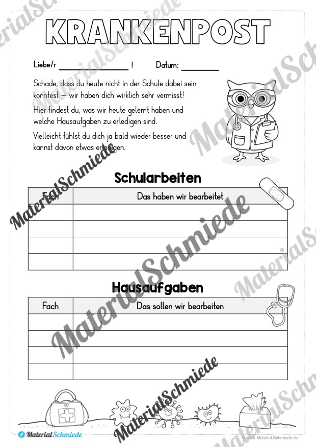 Krankenmappe für die Eulenklasse (Arbeitsblatt 12)