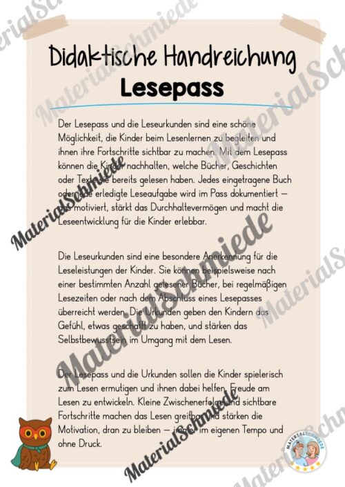 Lesepass & Leseurkunde für die Eulenklasse (Arbeitsblatt 01)