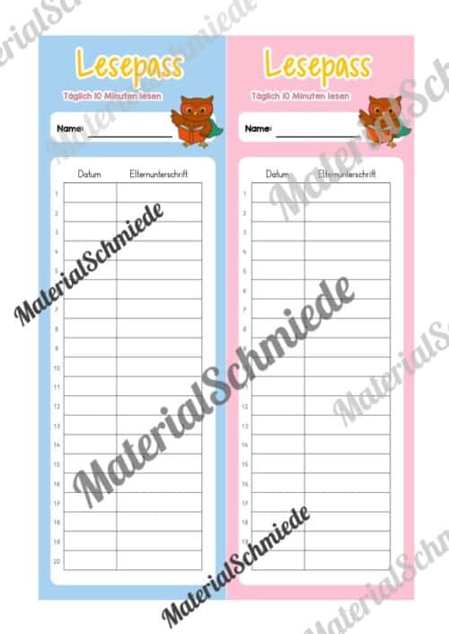 Lesepass & Leseurkunde für die Eulenklasse (Arbeitsblatt 02)