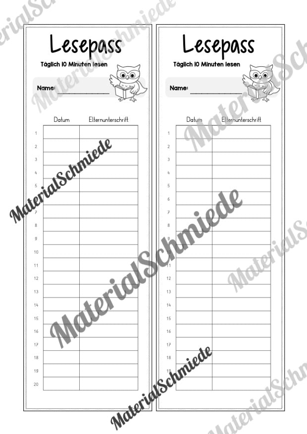 Lesepass & Leseurkunde für die Eulenklasse (Arbeitsblatt 11)
